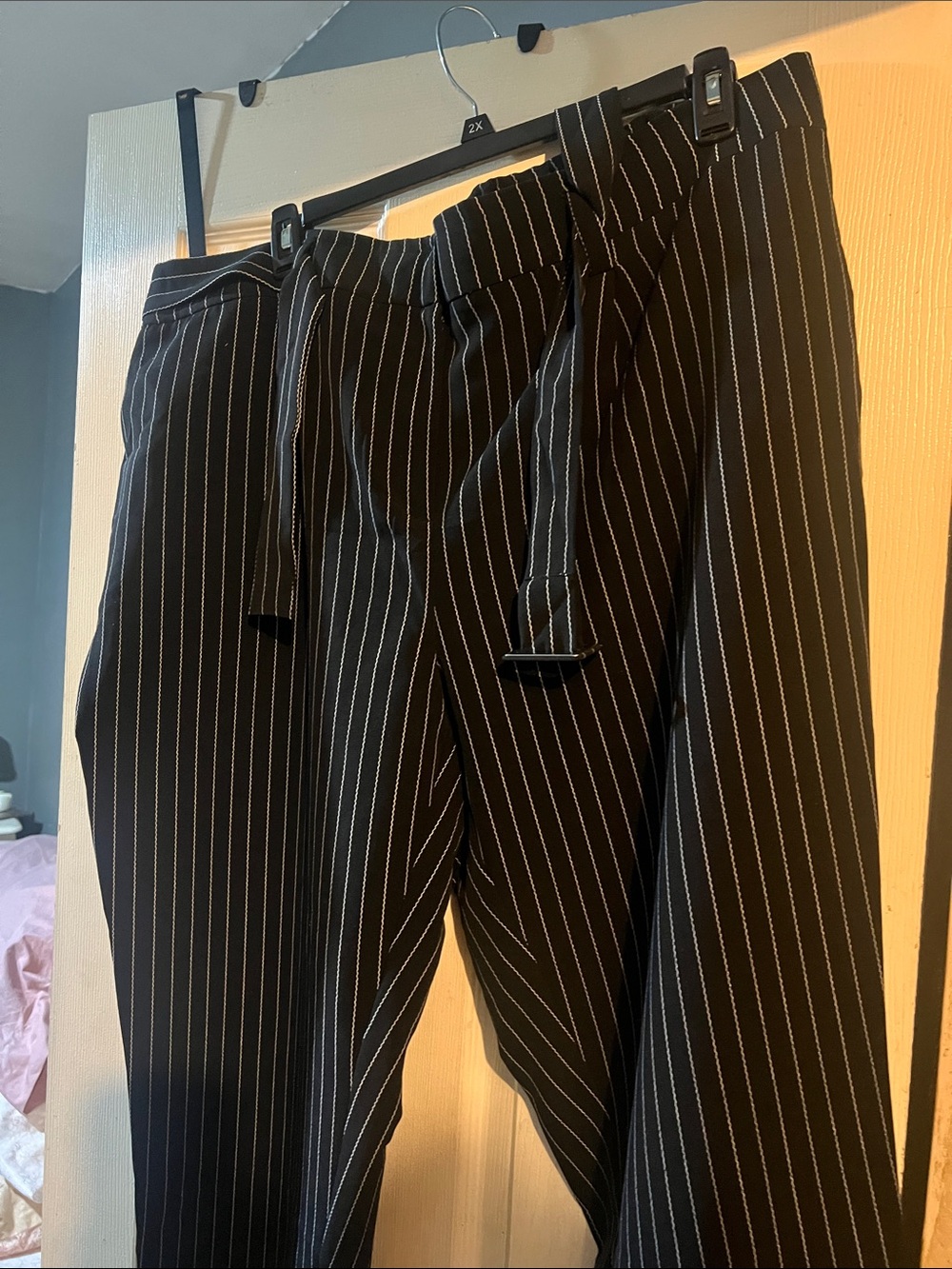 EVRI Black Pinstripe High-Waist Cropped Trousers with Tie Belt